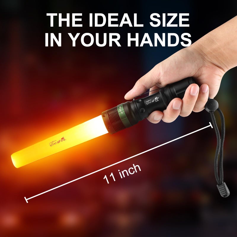 ULTRAFIRE 2pc 11-Inch Signal Traffic Wand Safty LED Flashlight 250 Lumen, Red Flashing Mode, Wrist Strap Lanyard, Side Clip, Orange Finish for Kids Outdoor Camping - Image 4